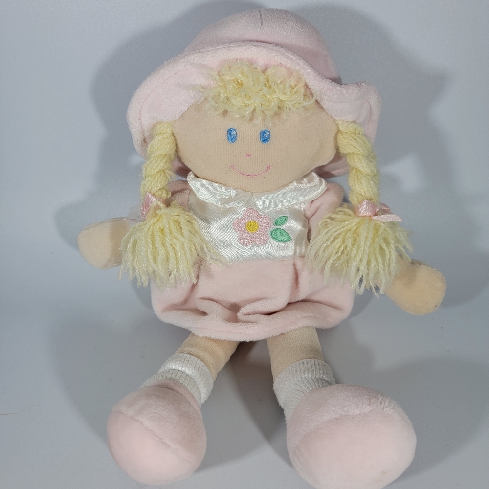 Kids Preferred Pink Plush Doll Lovey Soft Toy Blonde Yarn Hair Braids Blue Eyes